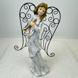 Vintage Rustic White Christmas Angel Figurine With Metal Wings Gold Trumpet 11"
